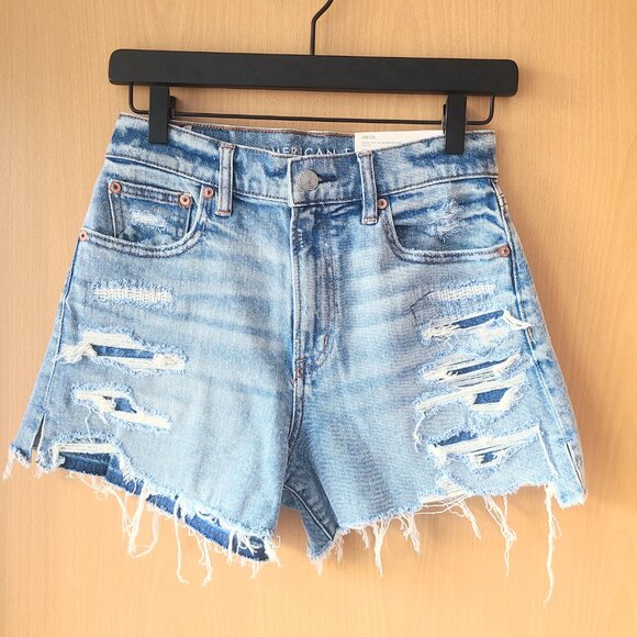 American Eagle Highest Rise 90s Boyfriend Distressed Denim Blue Wash Jean Shorts - Picture 4 of 11